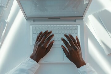 Leinwandbilder - Person's hands typing on a white laptop keyboard, illuminated by sunlight.