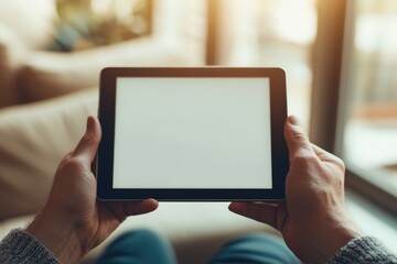 Poster - Person holding a tablet with a blank screen, relaxing indoors.