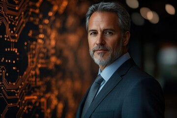Poster - A confident, mature businessman stands against a blurred background of circuit board patterns.