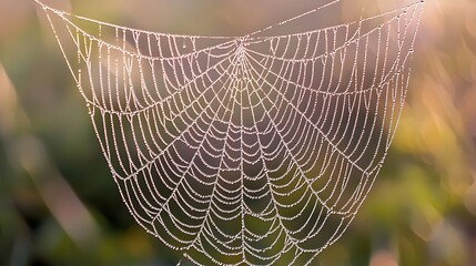 Delicate spider web with crystal clear water droplets glimmering under soft morning light in nature's splendor