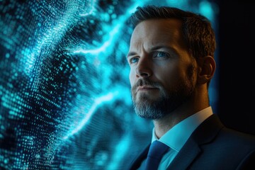 Aufkleber - A pensive businessman contemplates a futuristic, data-driven world, illuminated by a vibrant blue digital background.
