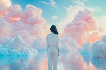 Wall Mural - a woman in white contemplates a surreal, dreamy landscape of pastel clouds reflected in a tranquil s