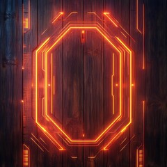 Wall Mural - glowing orange digital hexagon design overlaid on a wooden background
