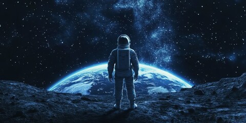 Wall Mural - an astronaut stands on a lunar surface viewing the distant earth
