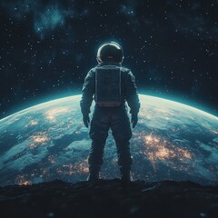 Wall Mural - an astronaut stands observing planet earth within a vast starry cosmos