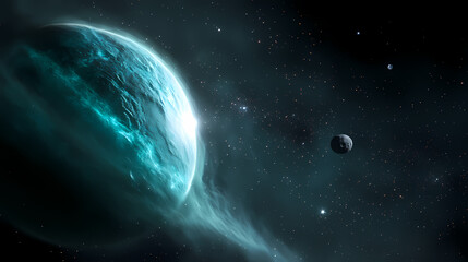 Wall Mural - giant blue planet surrounded by orbiting moons
