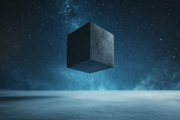 Wall Mural - a dark textured cube floats against a starry night background