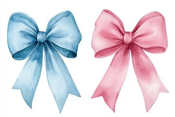 Wall Mural - Watercolor pink and blue bows illustration, hand-painted ribbons isolated on white background, cute decorative elements