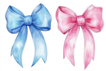 Wall Mural - Watercolor pink and blue bows illustration, hand-painted ribbons isolated on white background, cute decorative elements