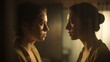 © SibteHUSSAIN - Mysterious film still of two women in a dramatic confrontation mirror reflecting ones expression differently soft yellow backlight cinematic style