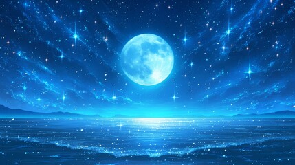 Wall Mural - Serene night sky with a full moon illuminating a tranquil ocean under sparkling stars