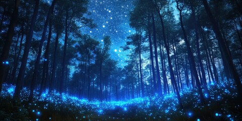 A stunning forest illuminated by twinkling blue celestial lights at night