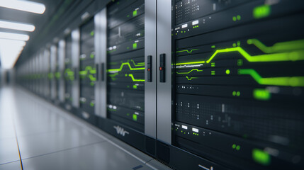 Wall Mural - server room: futuristic view of a server room, rows of data servers are illuminated by vibrant green