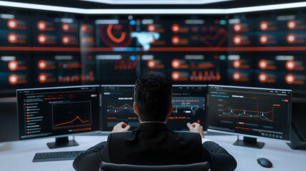 Wall Mural - navigating the dataverse: a tech specialist immersed in complex data analysis within a cutting-edge 