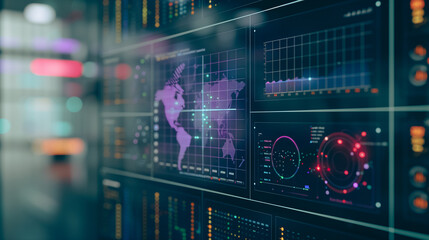 Wall Mural - data visualization: a close-up shot of futuristic data panels, displays complex information and real