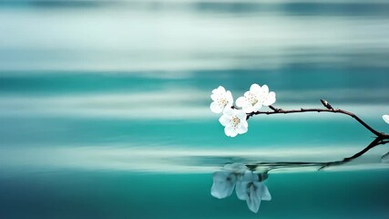 Wall Mural - Elegant white blossoms gently rest on a slender branch above calm turquoise water surface