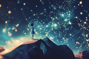 Wall Mural - a small person looks up at a starry interconnected network