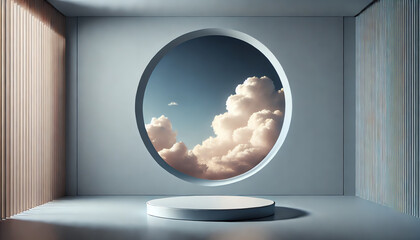 A minimalist architectural scene featuring a circular window framing a dreamy sky filled with soft, fluffy white clouds against a deep blue background