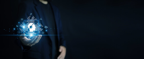 Wall Mural - business professional interacting with ai-powered holographic interface, analyzing real-time financi