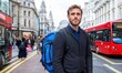 © hocine - Young man with backpack standing confidently on a busy city street in London, surrounded by pedestrians and red buses, a moment of urban life captured perfectly