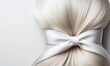 © hocine - Elegant Back View of Long Straight White Hair Tied with Soft Satin Bow on Plain Background, Perfect for Hair Fashion and Beauty Concepts