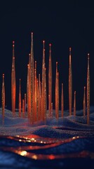 Wall Mural - glowing abstract towers emerging from a dark blue landscape