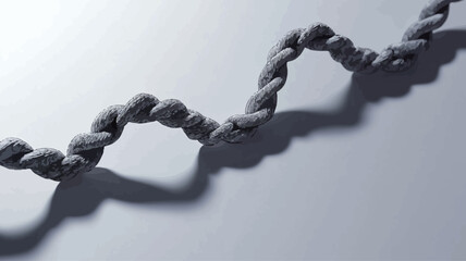 Close-up view of a digitally rendered three-dimensional twisted gray form resembling a rope or cord. The form creates a wave-like pattern against a bright, off-white background.  The object casts a