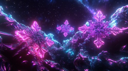 Wall Mural - glowing crystalline snowflakes appear to float in a dark space scene