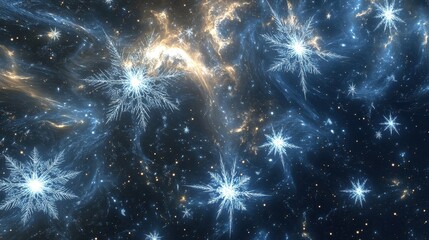 Wall Mural - sparkling snowflakes and cosmic nebulae floating in the dark space