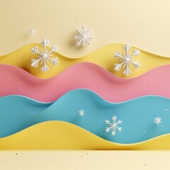 Wall Mural - colorful paper layered winter landscape with white snowflake decorations