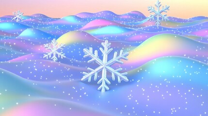Wall Mural - a wintery scene of snowflakes floating over colorful hills