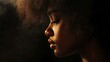 © guolin - Half-body portrait of thoughtful young african american woman with curly afro hair resting chin on gloved hand and gazing upward, creative thinking and calm personal reflection minimalist lifestyle co