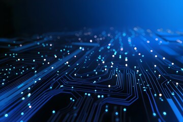 abstract digital circuit board on blue tech background. circuit connected lines and dots on motherbo