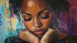 © guolin - Half-body portrait of thoughtful young african american woman with curly afro hair resting chin on gloved hand and gazing upward, creative thinking and calm personal reflection minimalist lifestyle co