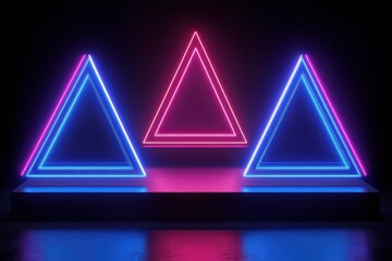 Wall Mural - three illuminated neon triangles are shown in a dark environment