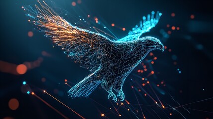 Wall Mural - digital eagle formed by glowing lines and dots flying in a dark blue and orange background