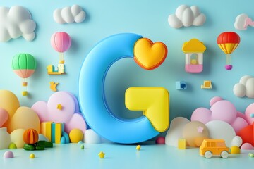 Leinwandbilder - Colorful 3D display of letter G surrounded by playful elements in a whimsical setting