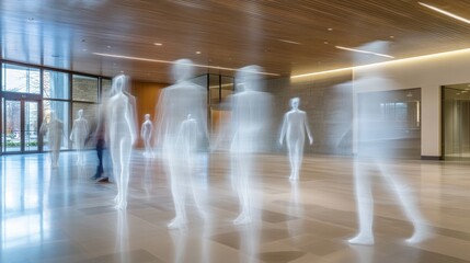 Fototapete - People captured in motion within a modern building lobby showcasing an artistic display of silhouettes