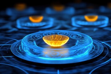 Wall Mural - illuminated circles surrounding glowing bowlshaped objects in a dark space
