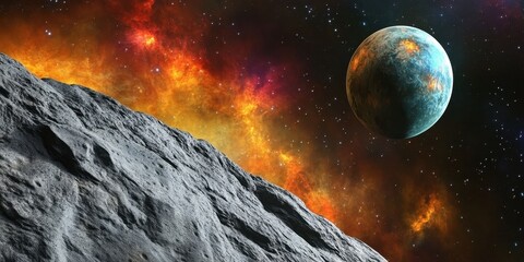 Wall Mural - a celestial scene shows a planet among cosmic nebulas and rocks