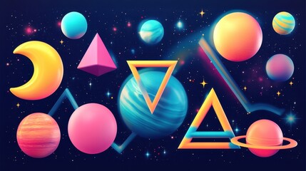 Wall Mural - Bright colorful geometric shapes and celestial bodies float in space