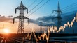 © pvl0707 - Sunset casts a beautiful glow on power transmission lines, while digital graphs illustrate trends and pricing in the energy market