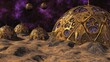 © RizArt - Golden domed structures and celestial bodies inhabit a distant extraterrestrial landscape