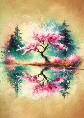 Fototapete - Cherry blossom in the forest. Oil painting, pink sakura at dawn and reflection in water.