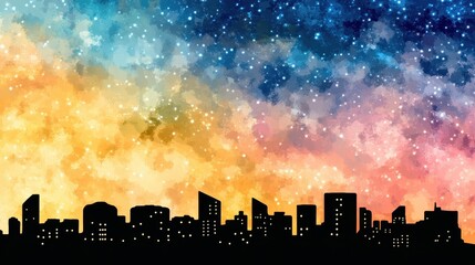 Wall Mural - A Colorful Celestial Sky Above a Dark Urban City Skyline