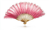 Opulent Handcrafted Carnival Feather Fan with Gold Details Isolated On White Background.