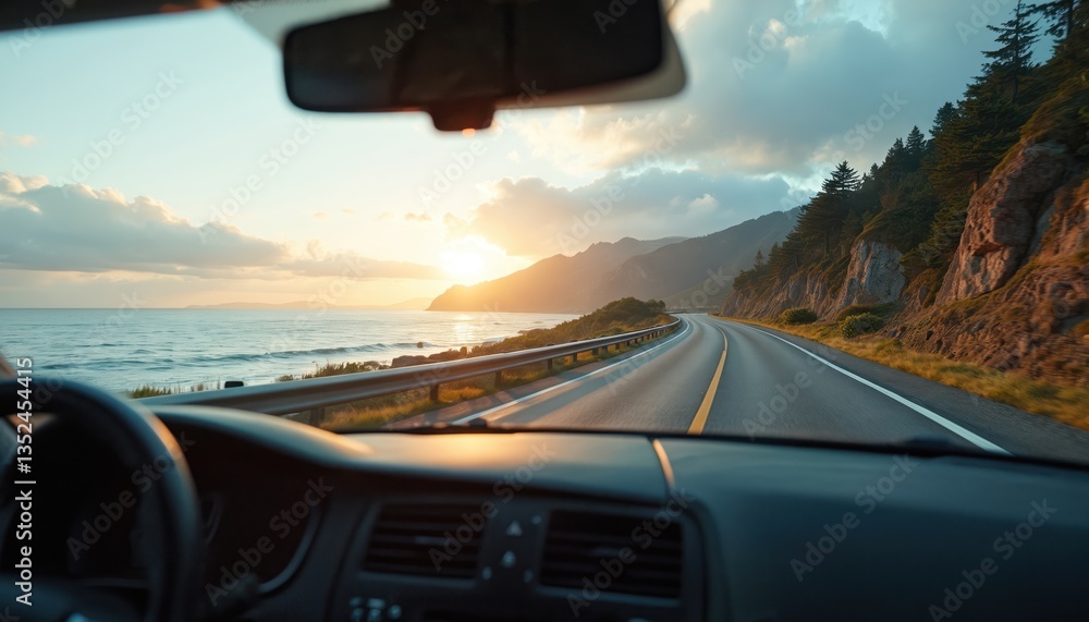 Scenic view from inside car looking out toward coastal road. Ocean ...