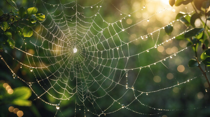 Spiderweb glistening with morning dew, nature's intricate art. Captures a beautiful moment of serenity and detail in the natural world
