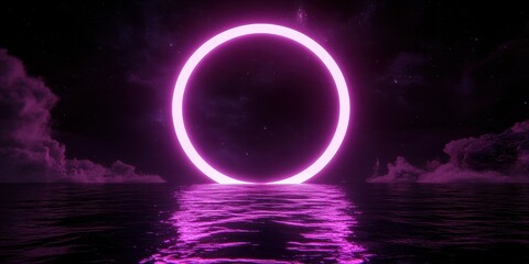 Wall Mural - A glowing circular portal floats on reflective water at night