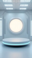 Wall Mural - a floating futuristic podium with soft, pulsing led lights, hovering in a sci-fi space station